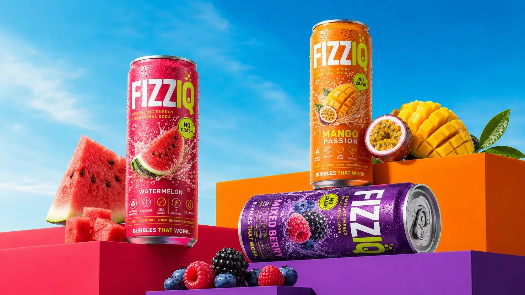 FIZZIQ cans in watermelon, mango passion and mixed berry on colour-blocked plinths