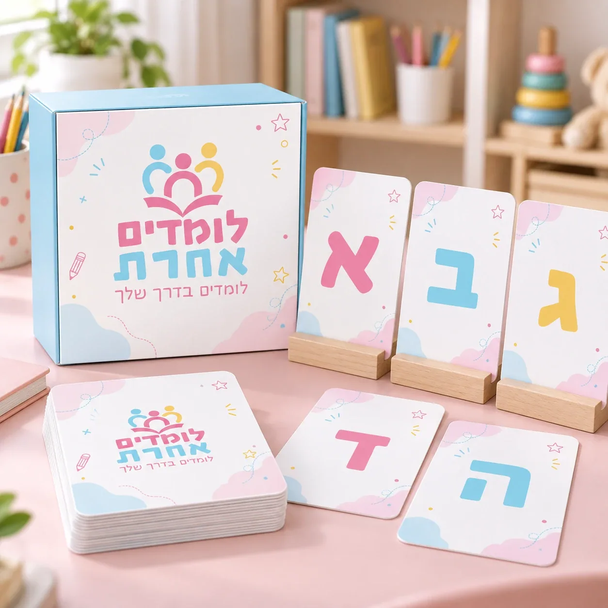 Hebrew letter cards and their box in the Lomdim Acheret colours