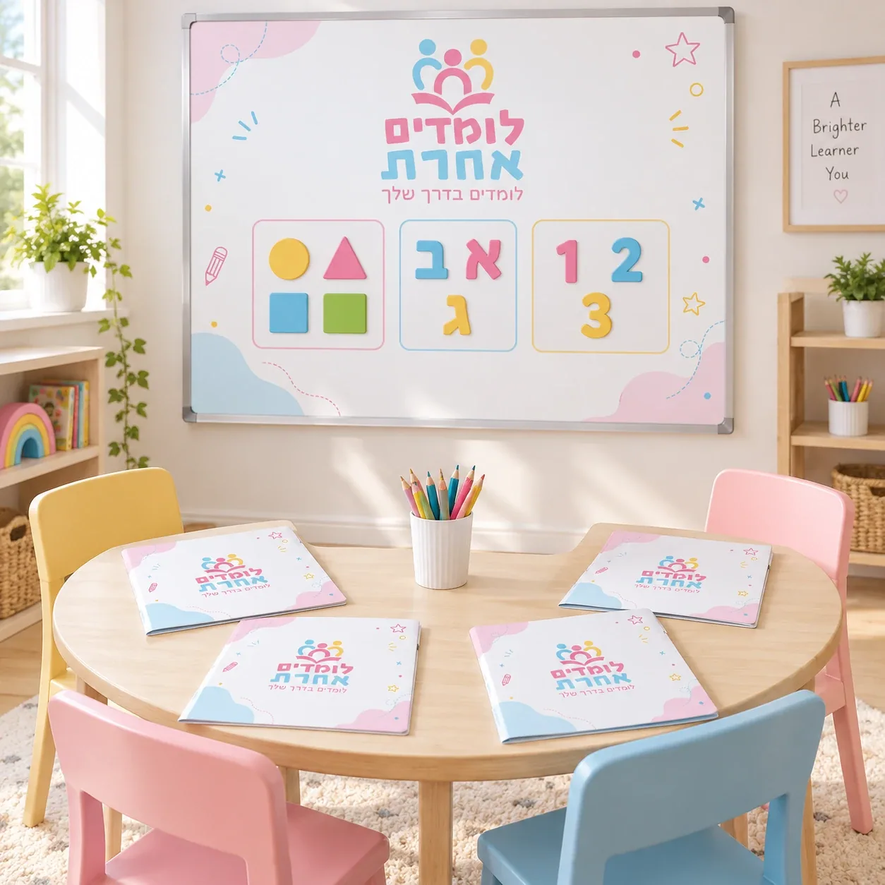 A classroom board and workbooks carrying the Lomdim Acheret brand