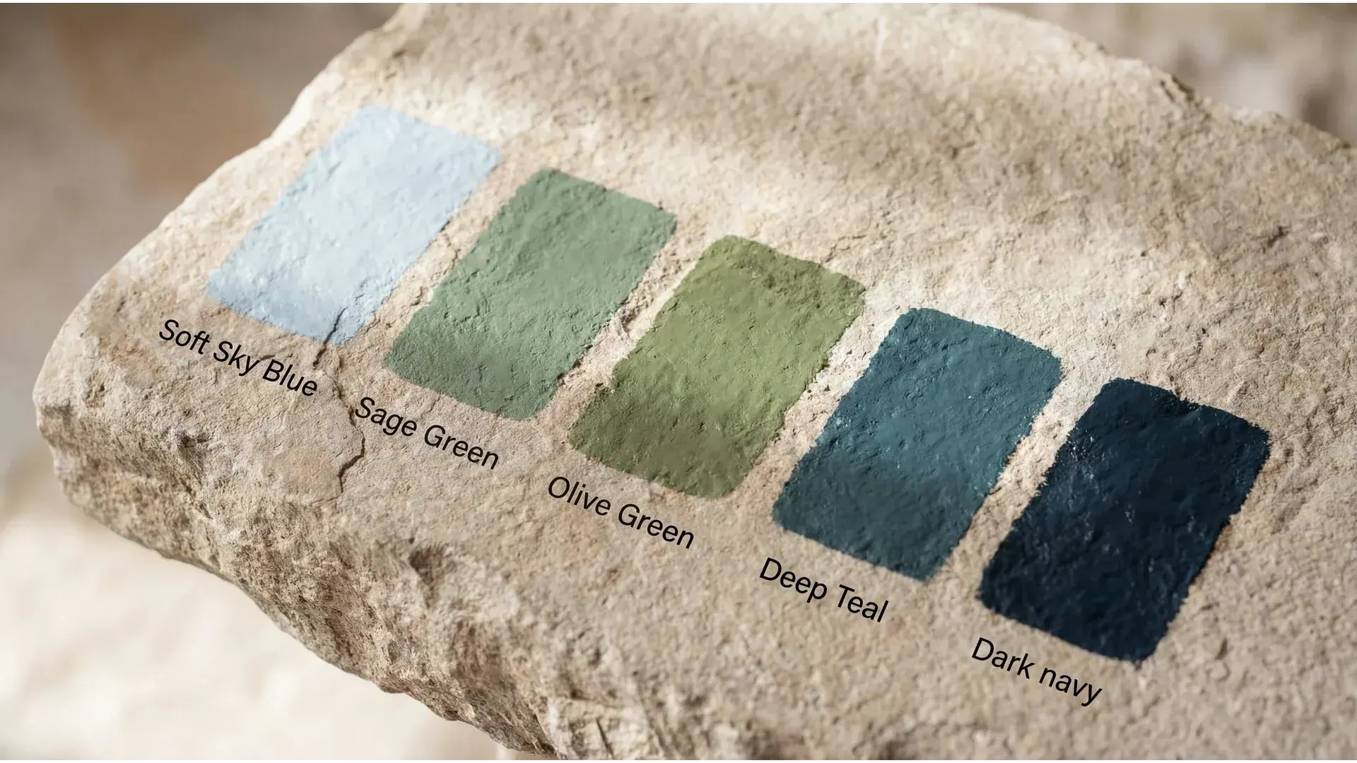 The Peeps palette on stone: soft sky blue, sage, olive, deep teal and dark navy