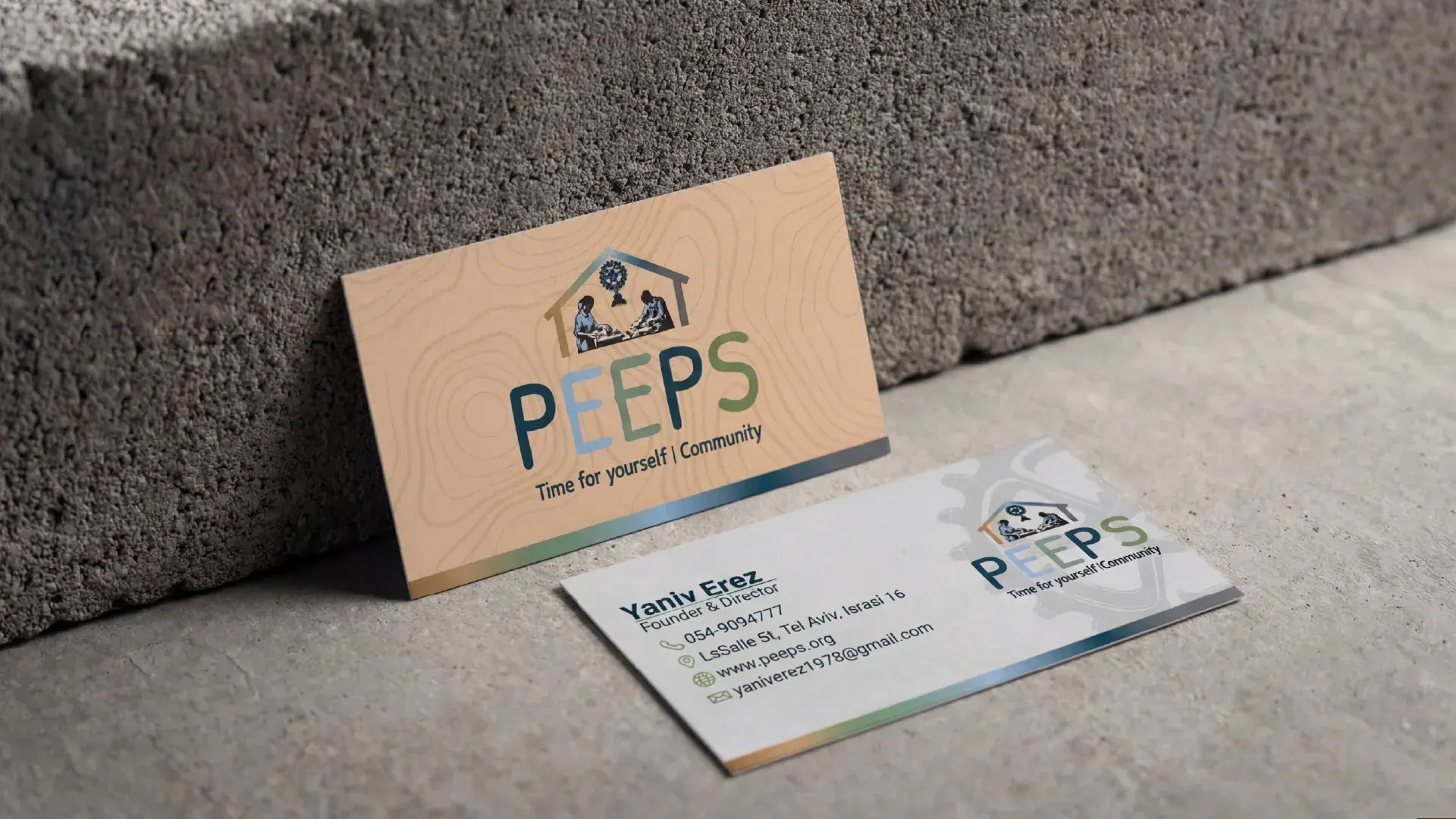 Peeps business cards on concrete