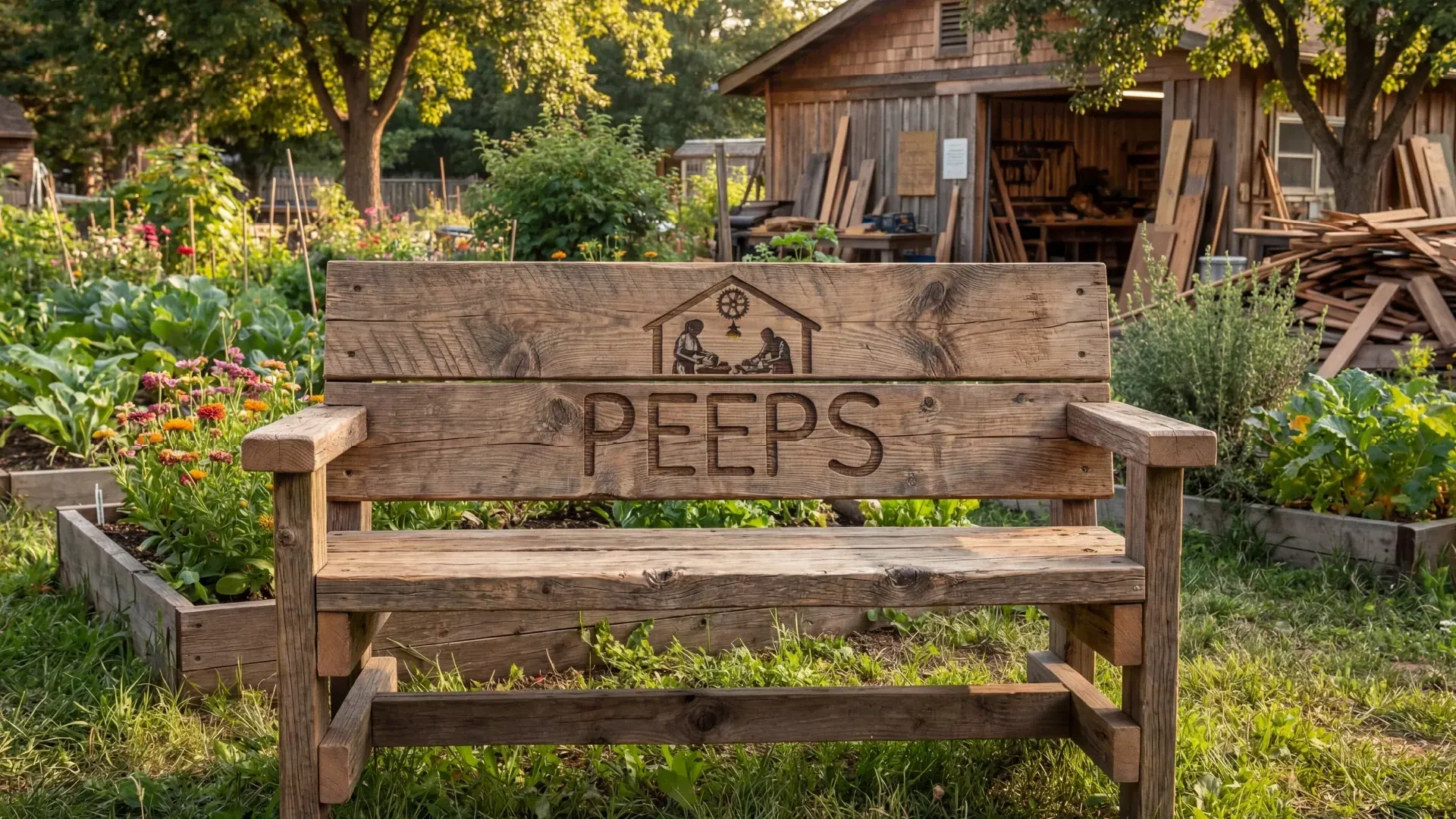 The Peeps logo carved into a garden bench