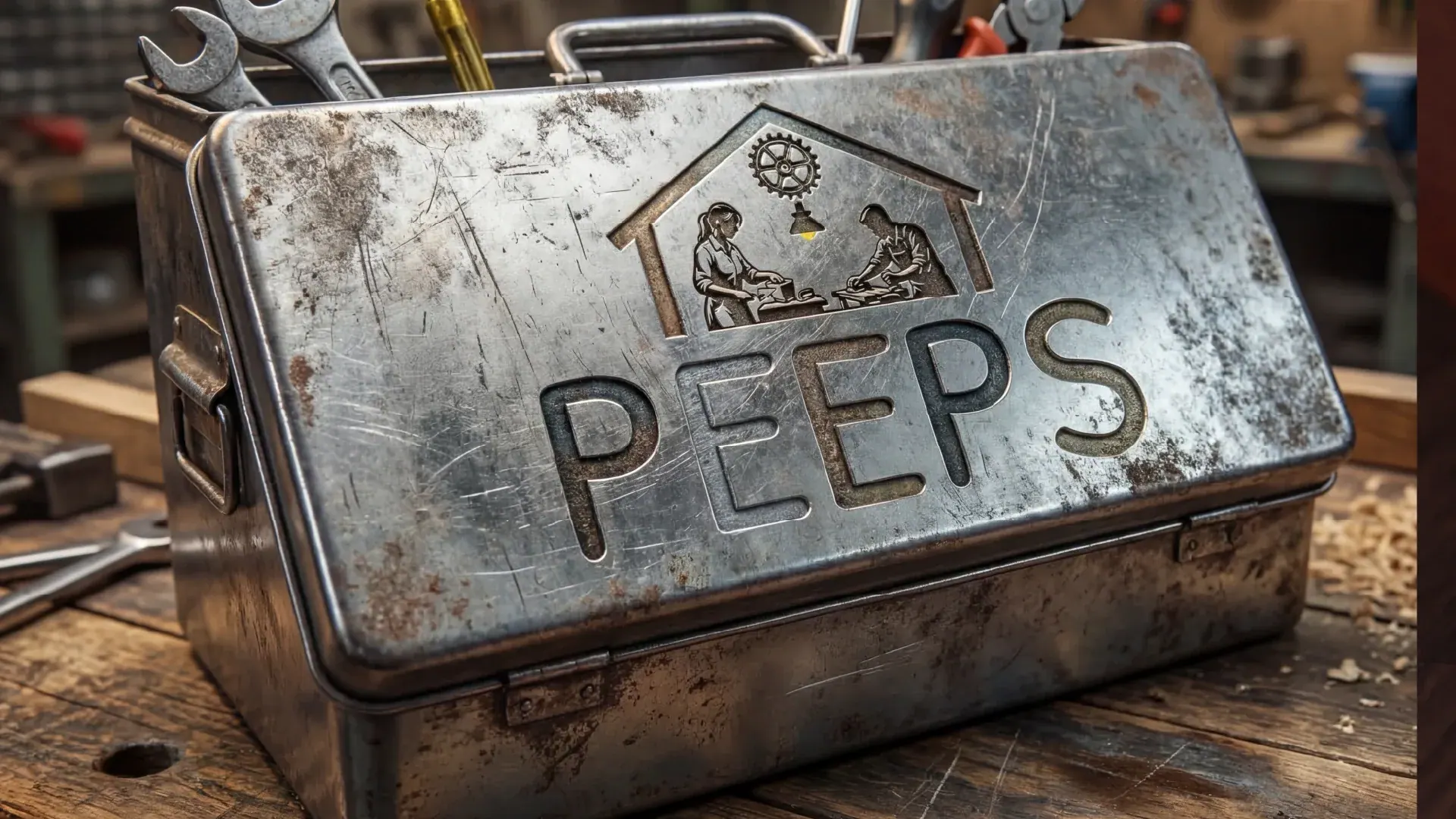The Peeps logo pressed into a metal toolbox