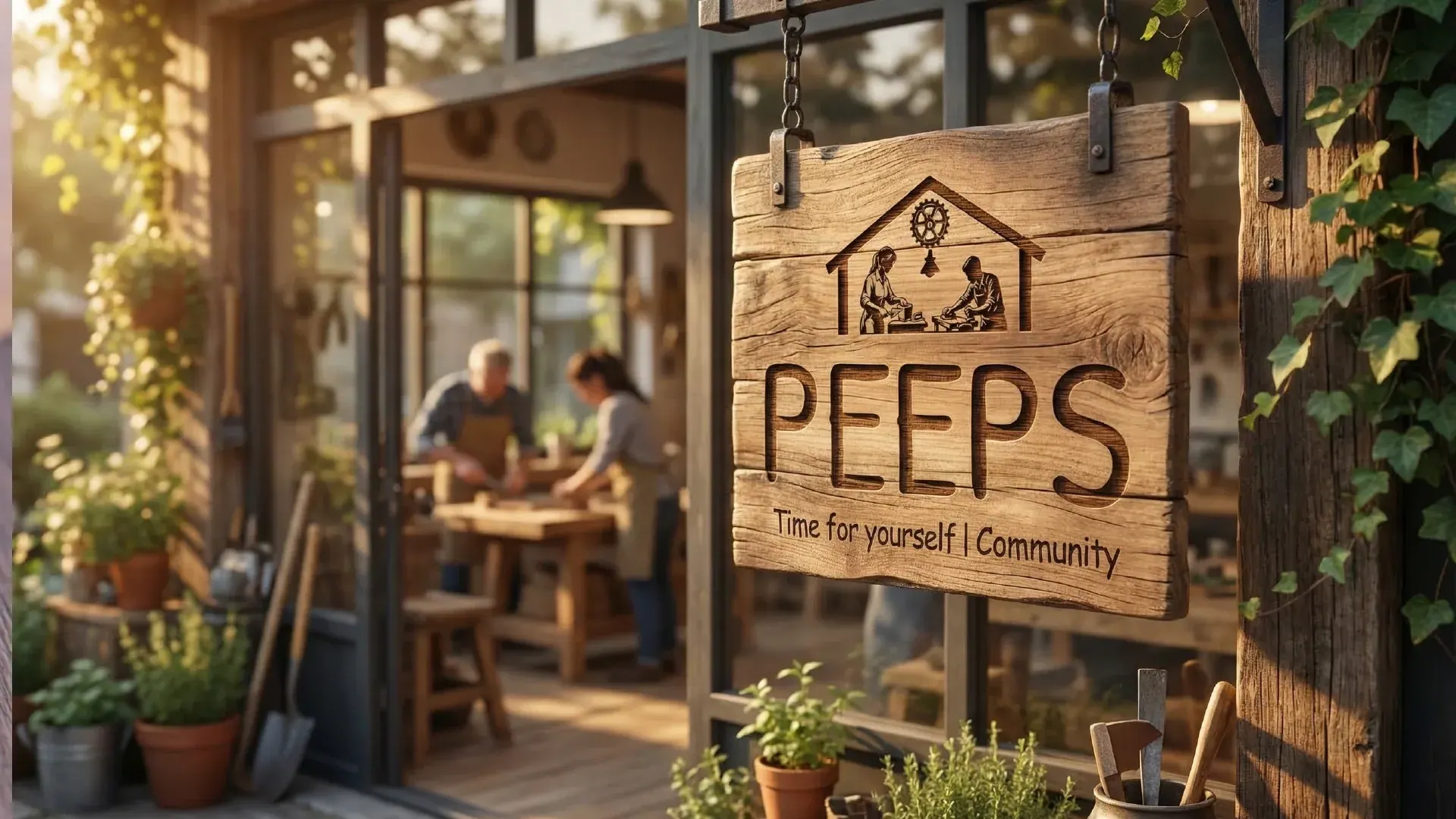 A carved wooden Peeps sign outside the workshop