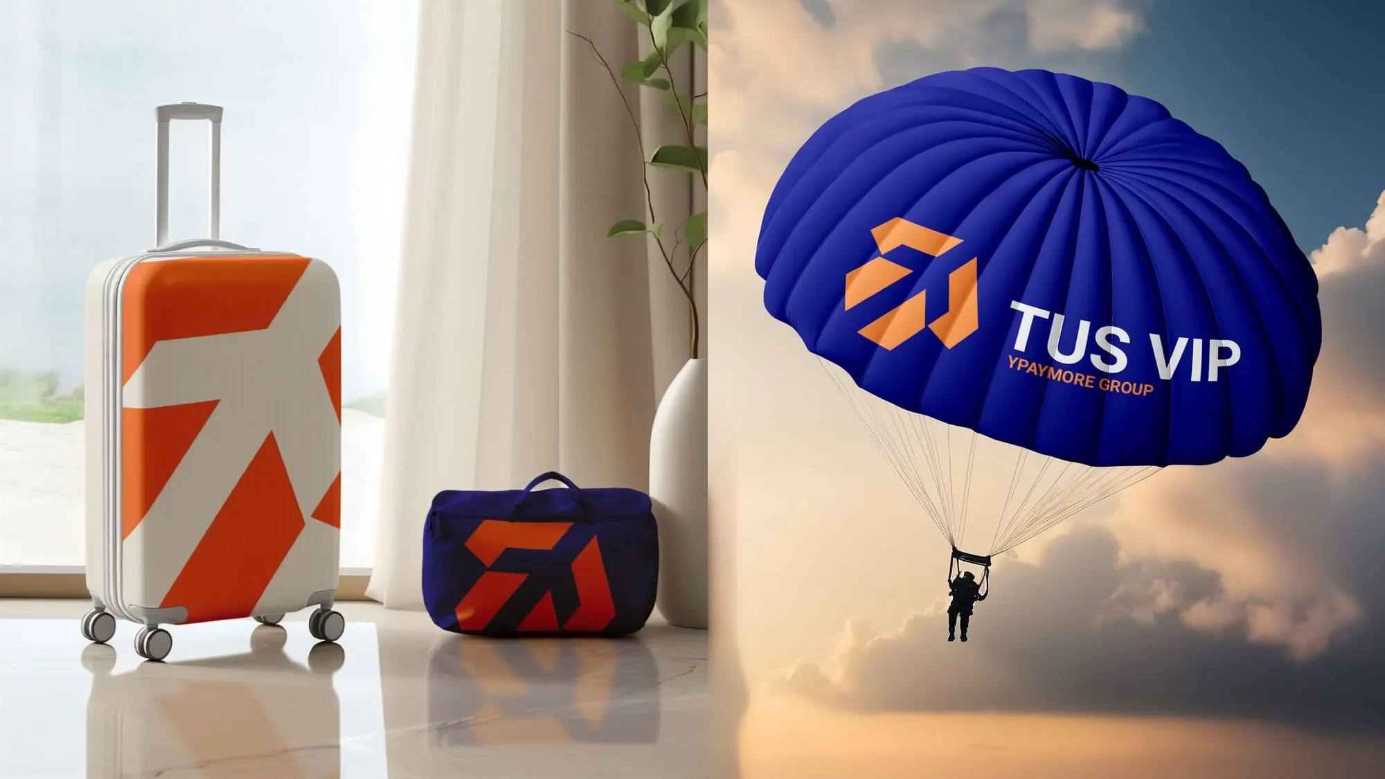 A TUS VIP suitcase and travel bag, and a branded parachute