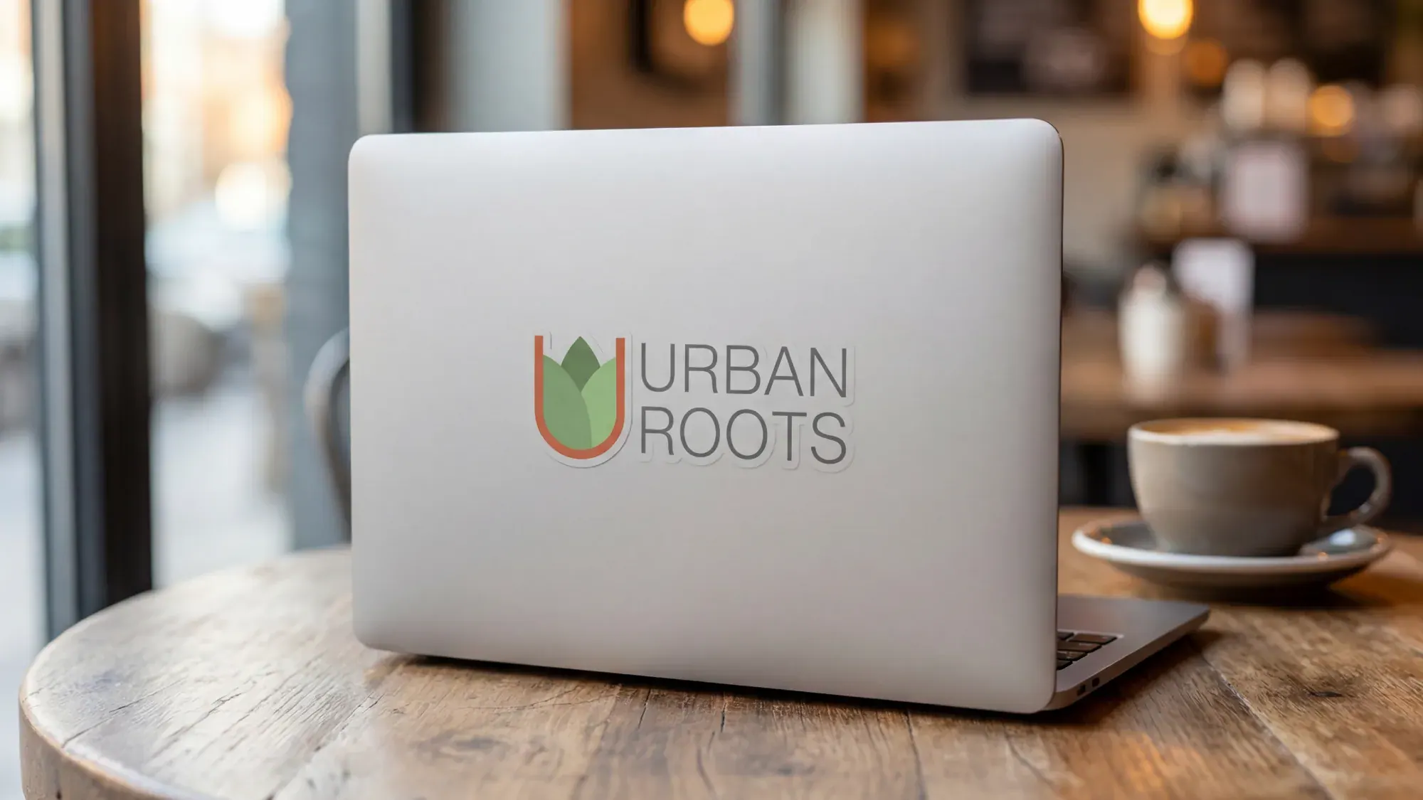 Urban Roots logo sticker on a laptop