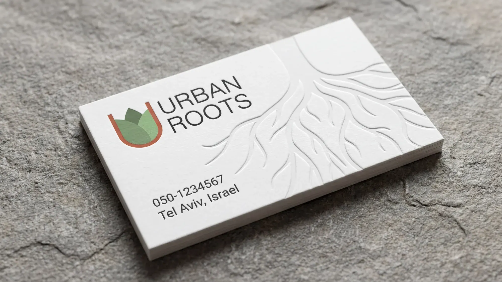 Urban Roots letterpress business card with embossed roots