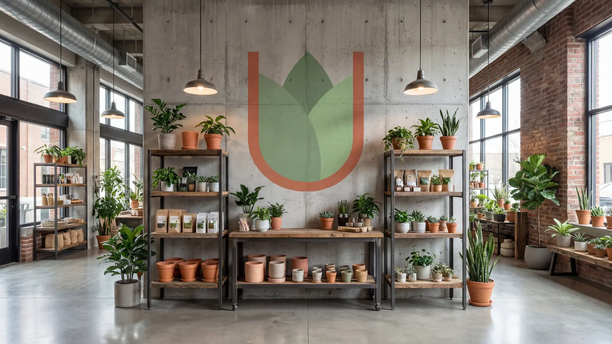 Urban Roots logo painted on a concrete wall inside the store