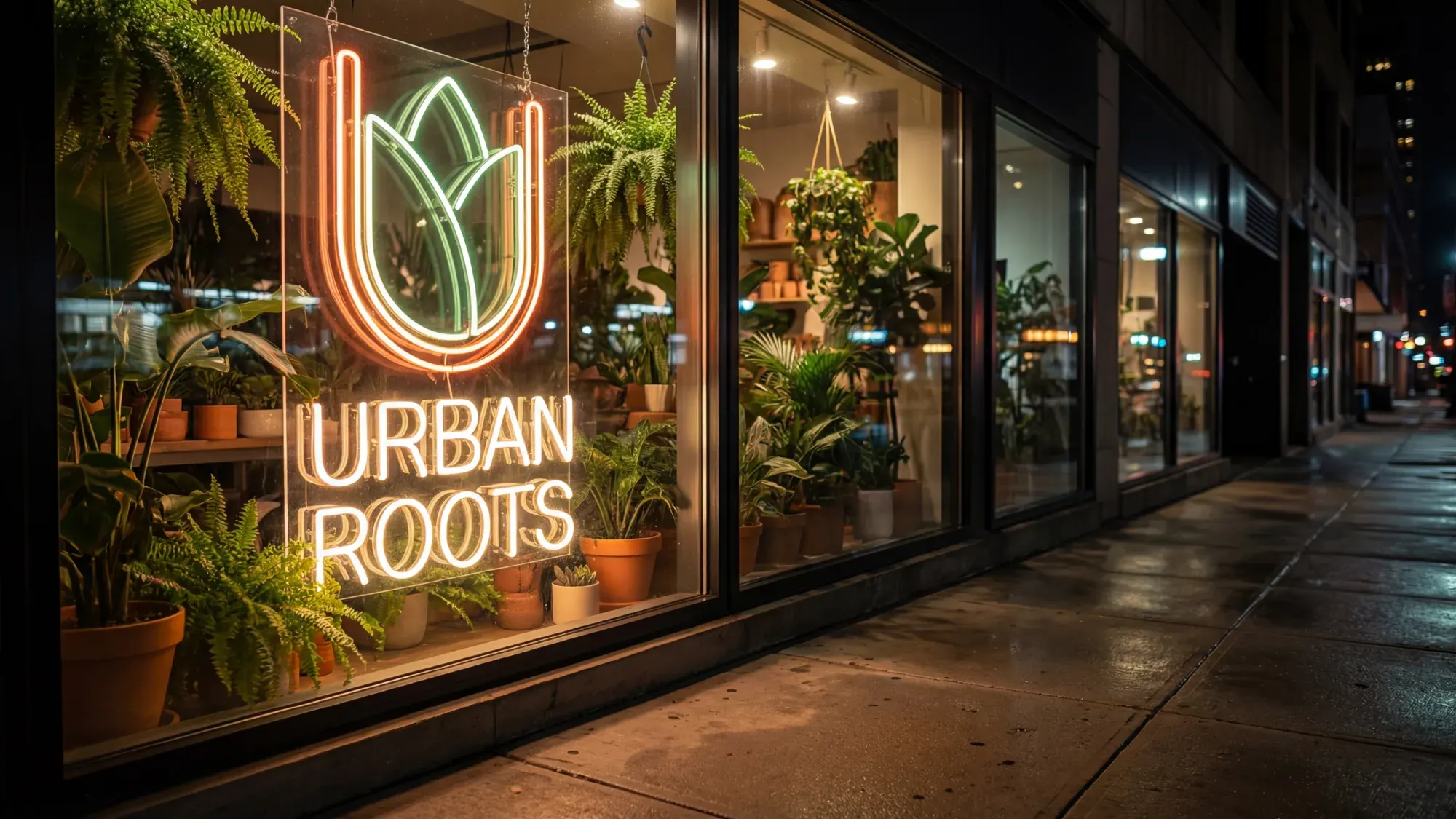 Urban Roots neon sign glowing in the shop window at night