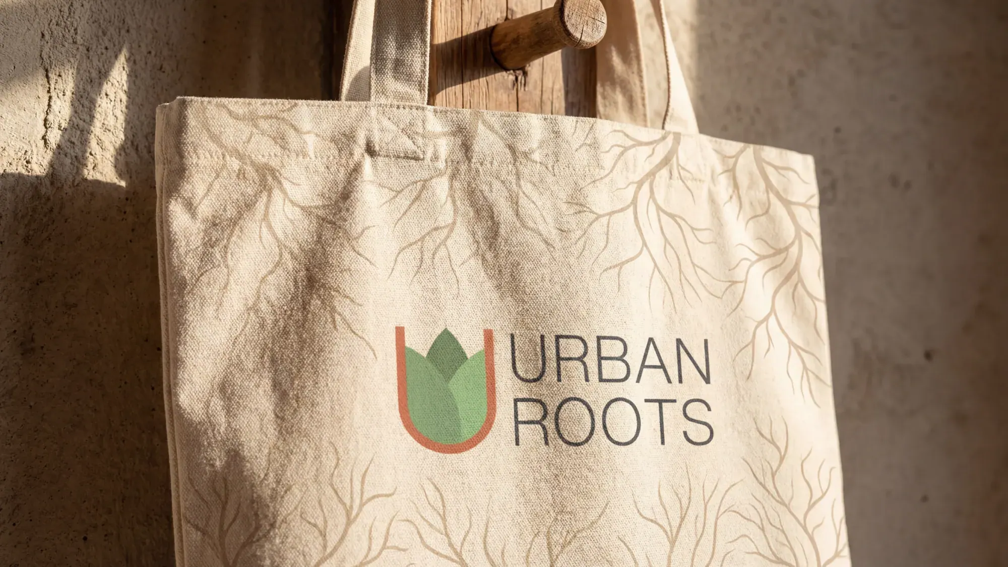 Urban Roots canvas tote bag with root pattern