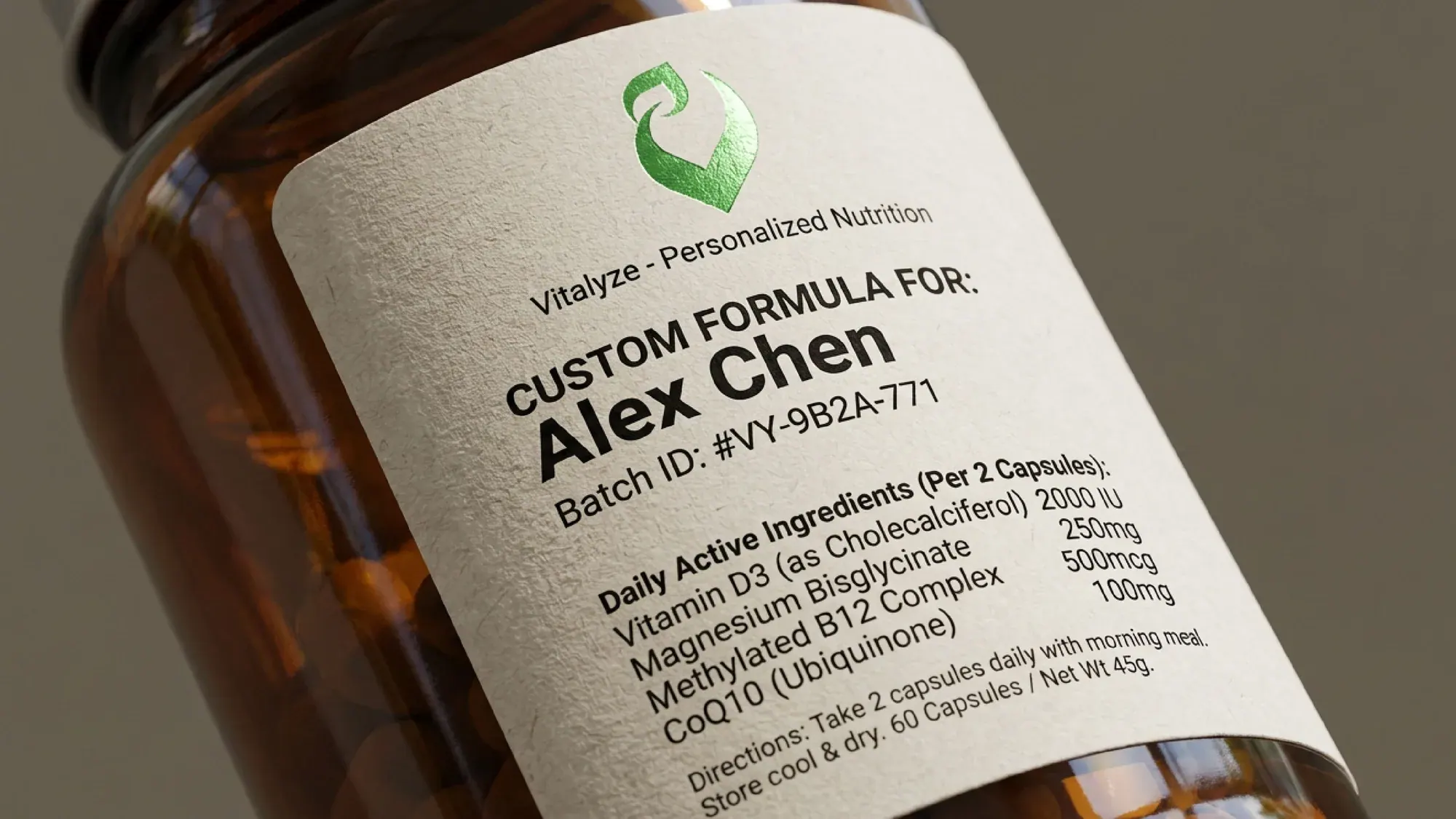 A bottle label with a custom formula for one customer