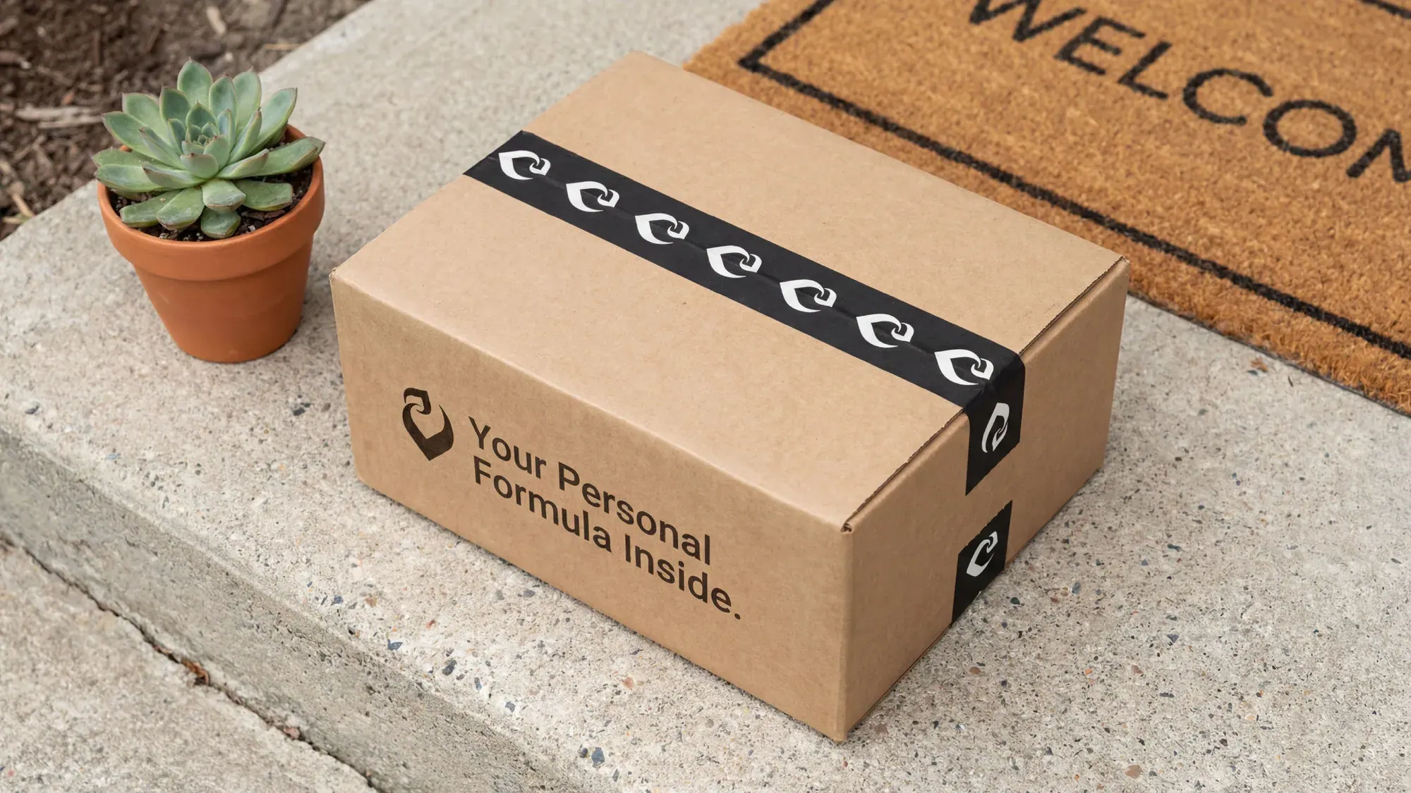 A Vitalyze shipping box sealed with tape that repeats the mark