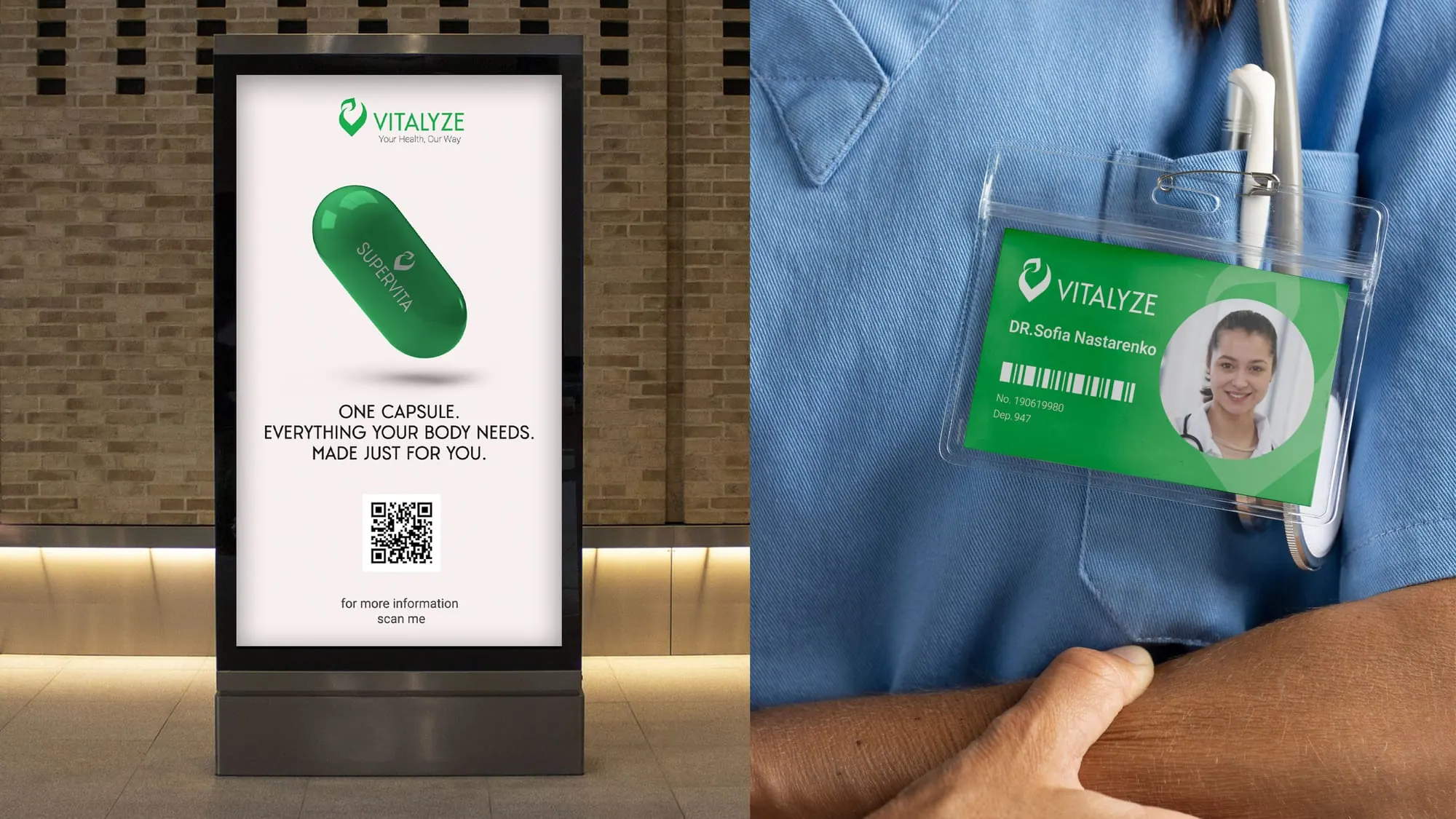 A Vitalyze street poster and a staff ID badge