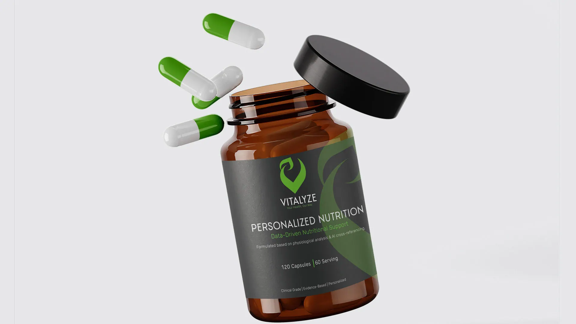Vitalyze capsules spilling from an amber bottle labelled Personalized Nutrition