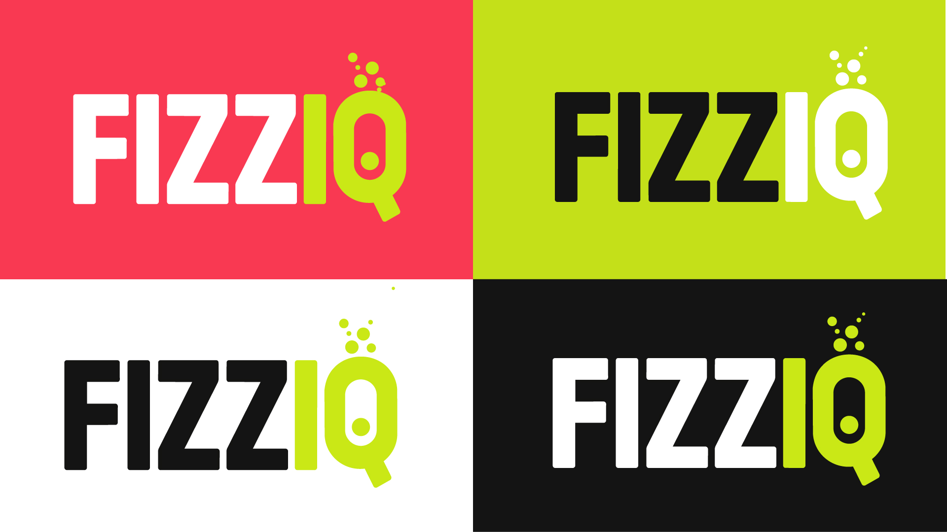 FIZZIQ wordmark in four colour variations, red, lime, white and black backgrounds