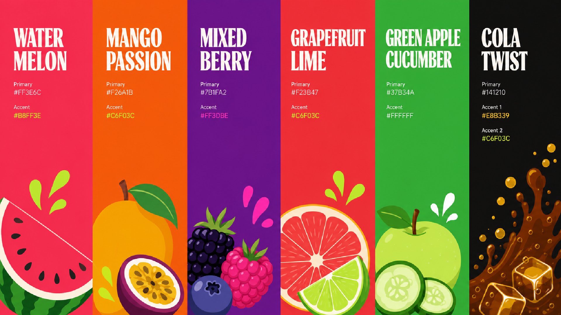 Six FIZZIQ flavour strips, each with its primary colour, accent, and hero fruit illustration