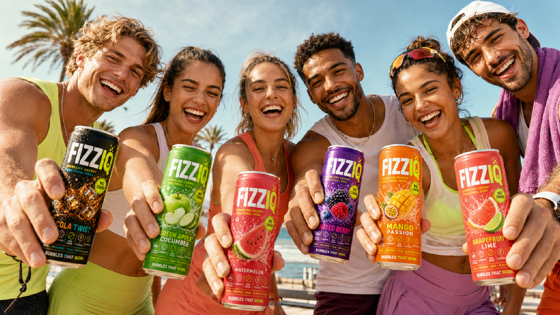 Six people holding FIZZIQ cans at the beach, all six flavours visible