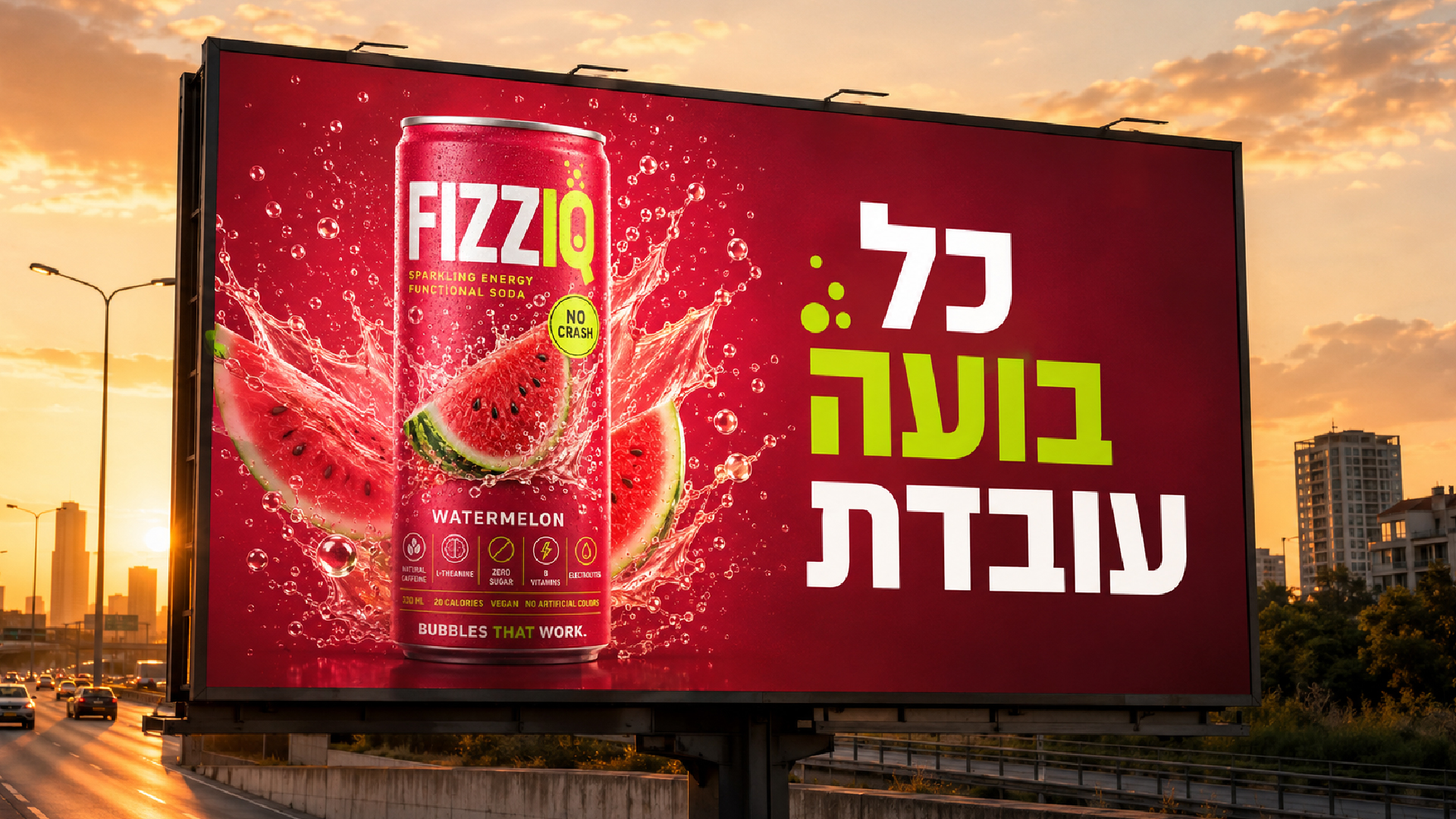 FIZZIQ highway billboard mockup, Watermelon can with Hebrew tagline 'כל בועה עובדת'