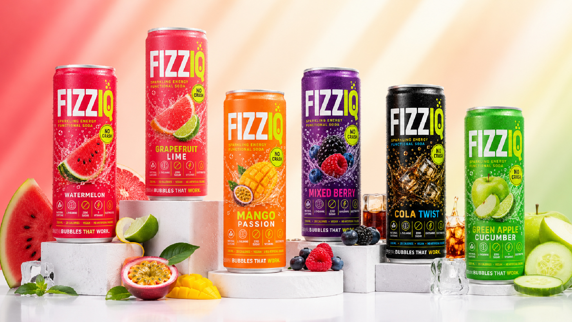 All six FIZZIQ cans arranged on concrete pedestals with fresh fruit, against a gradient backdrop