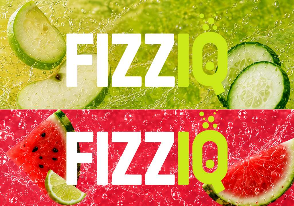 FIZZIQ logo over close-up fruit and splash photography, Green Apple Cucumber and Watermelon