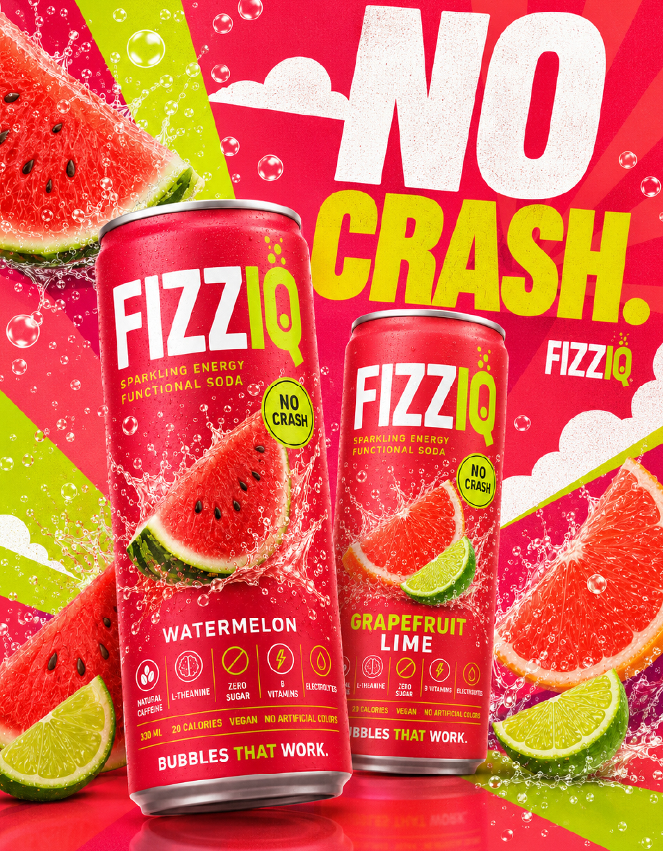 FIZZIQ campaign poster, NO CRASH headline with Watermelon and Grapefruit Lime cans