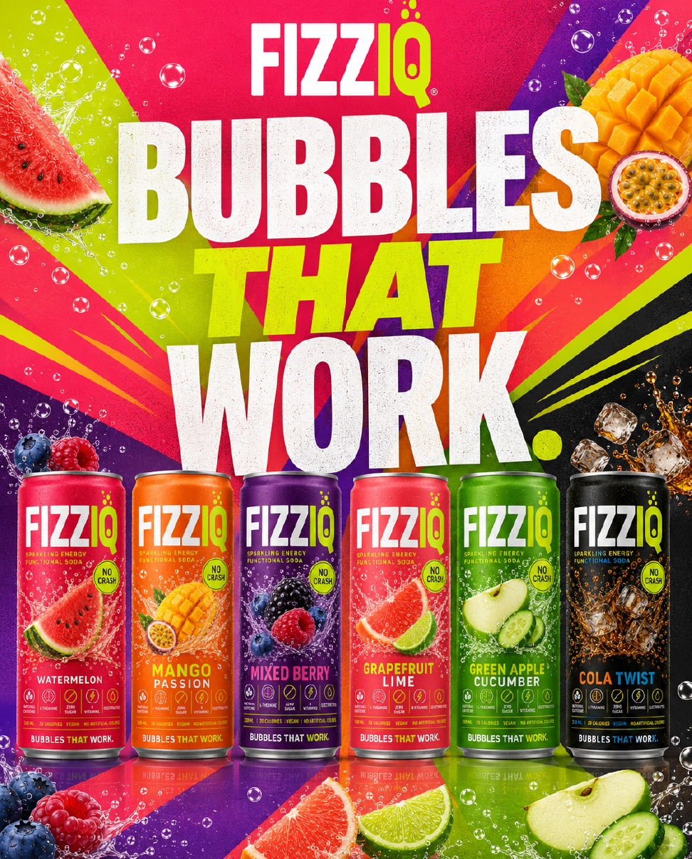 FIZZIQ campaign poster, BUBBLES THAT WORK with all six cans