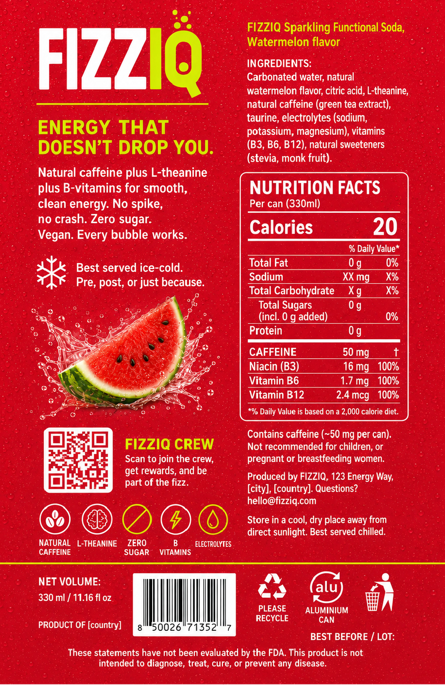 FIZZIQ back label, ingredients, nutrition facts and FIZZIQ Crew QR code