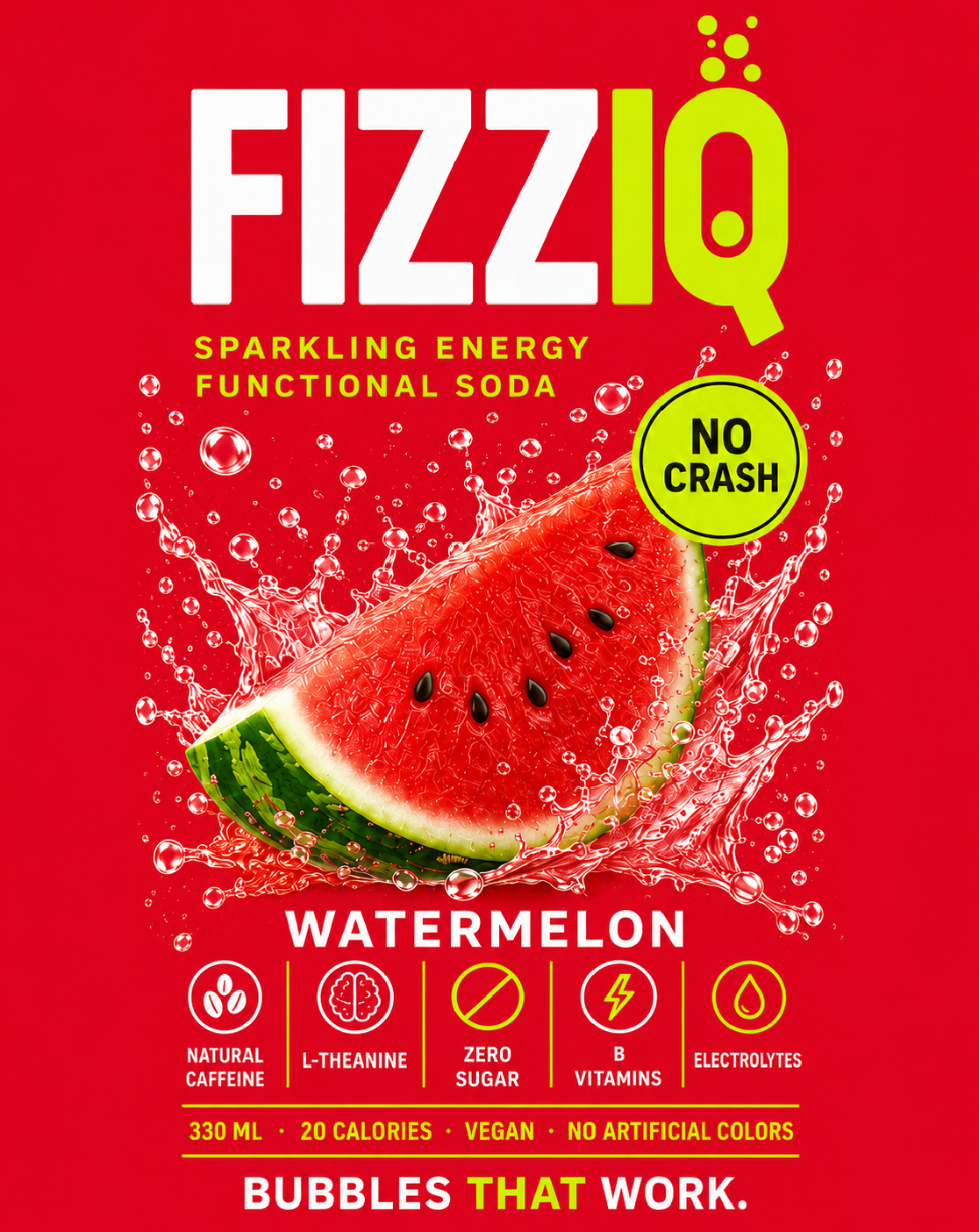 FIZZIQ Watermelon front label, wordmark, fruit splash, benefit icons and tagline