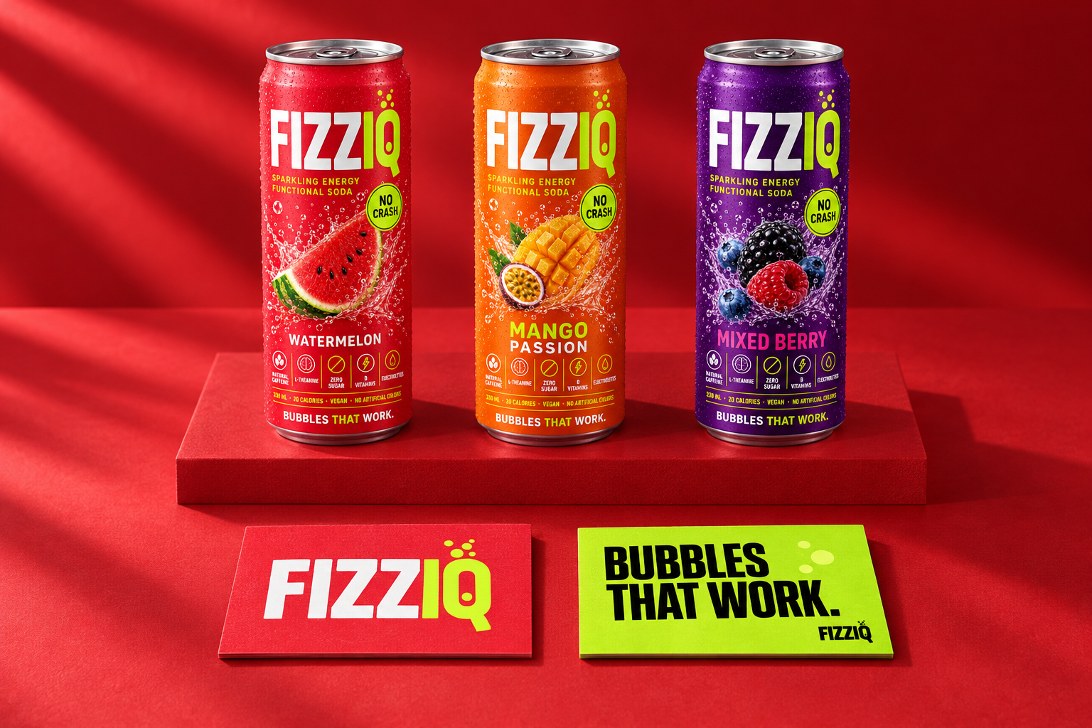FIZZIQ business cards, red card with white logo, lime card with black tagline, beside three cans