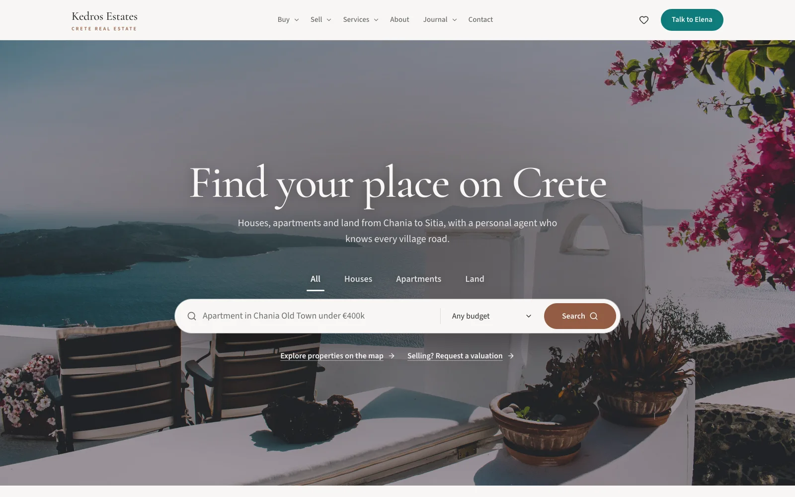The Kedros Estates website, the opening screen with the search box over a Cretan terrace