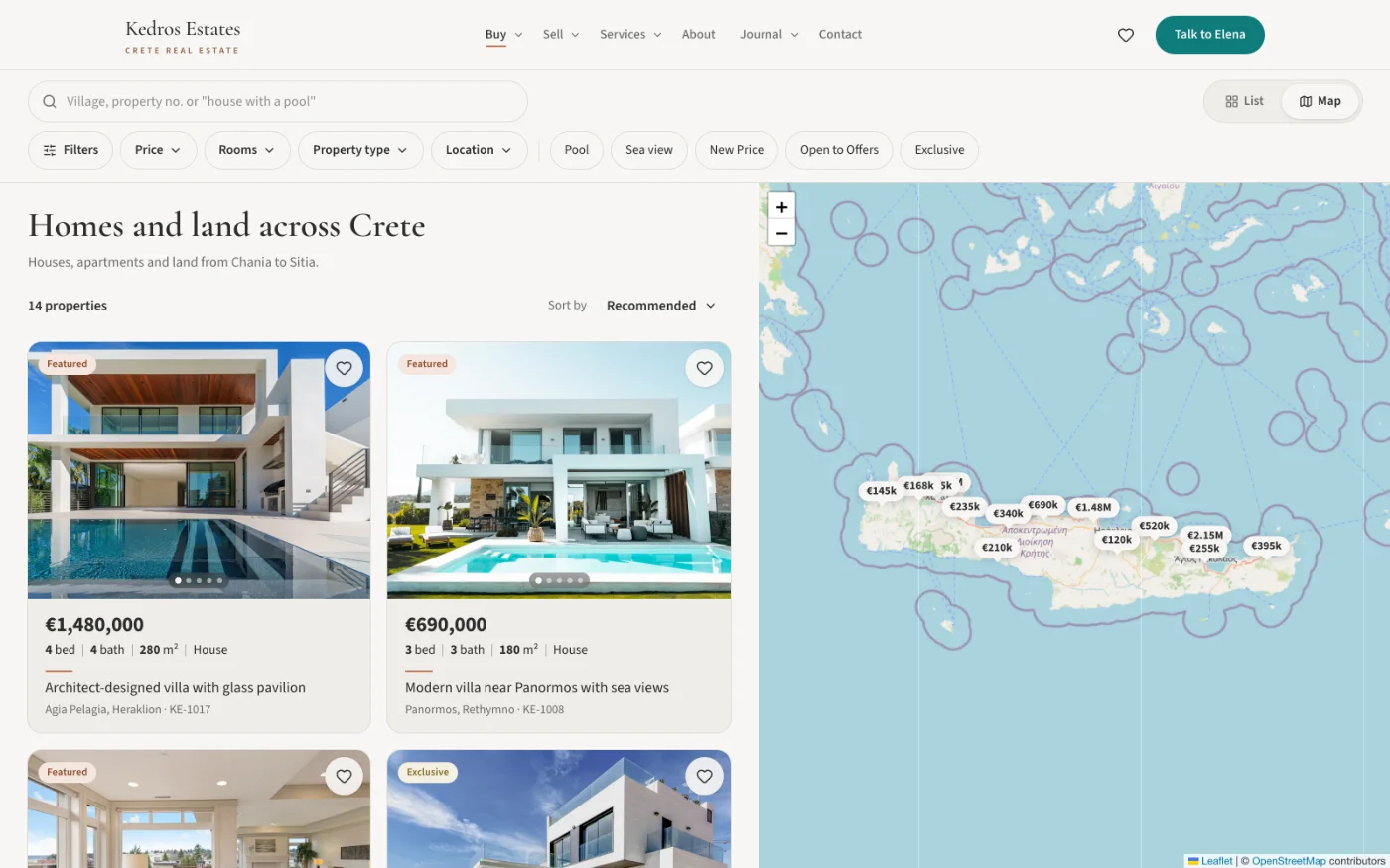 The catalogue beside the map of Crete, each property marked with its price