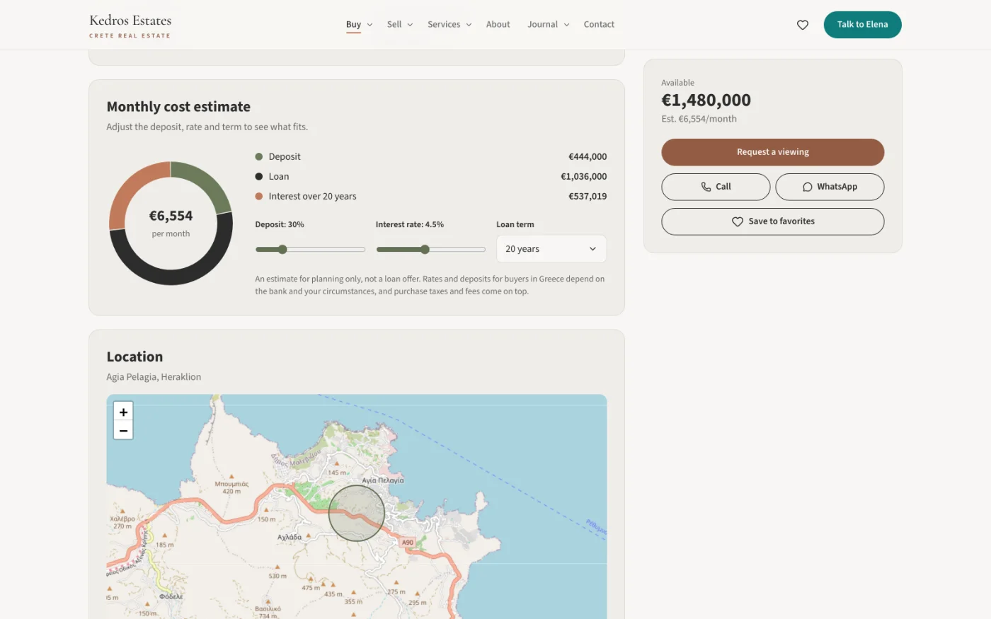A property page: the monthly cost estimate and the area map