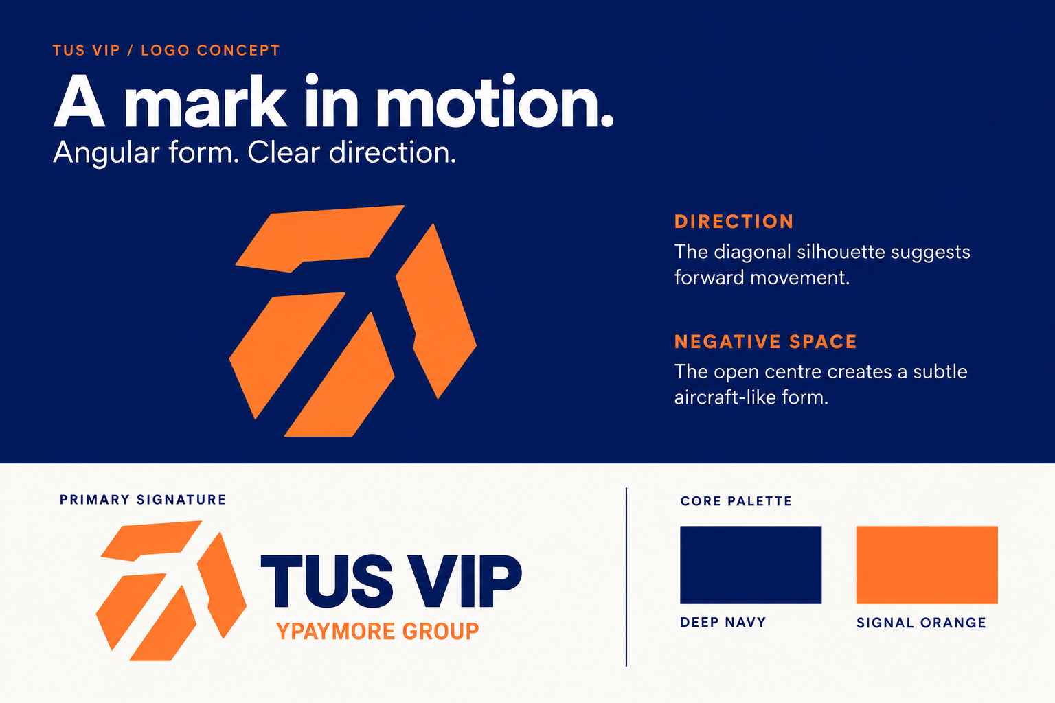 TUS VIP logo concept, a mark in motion with angular form and clear direction