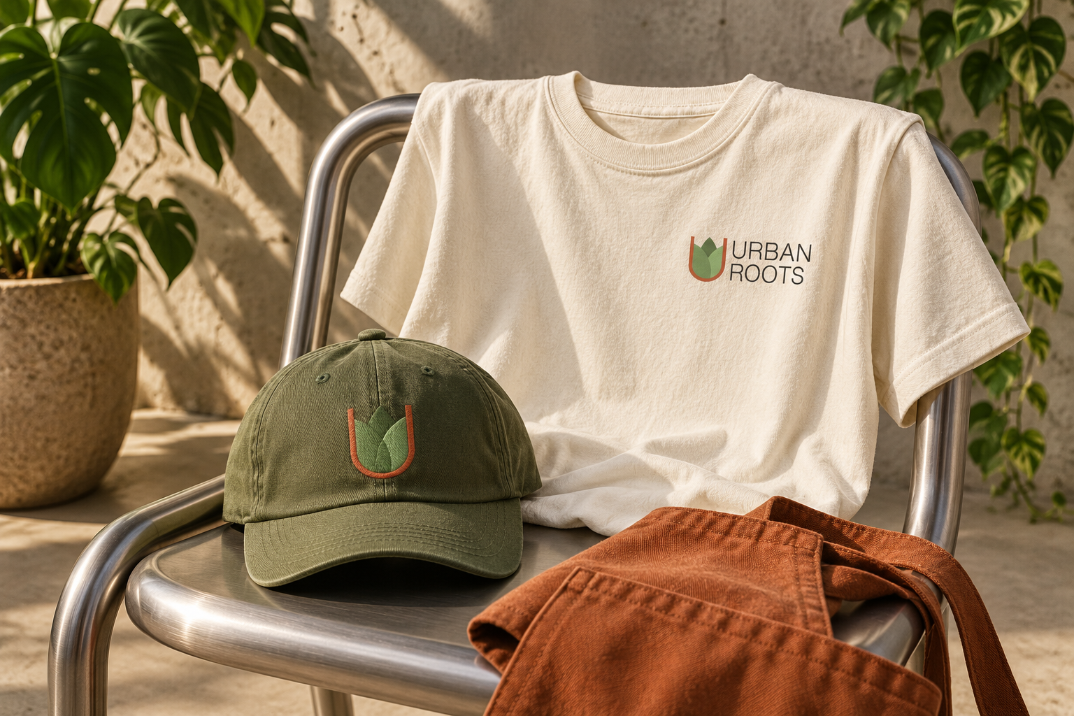 Urban Roots branded t-shirt and embroidered cap on a chair
