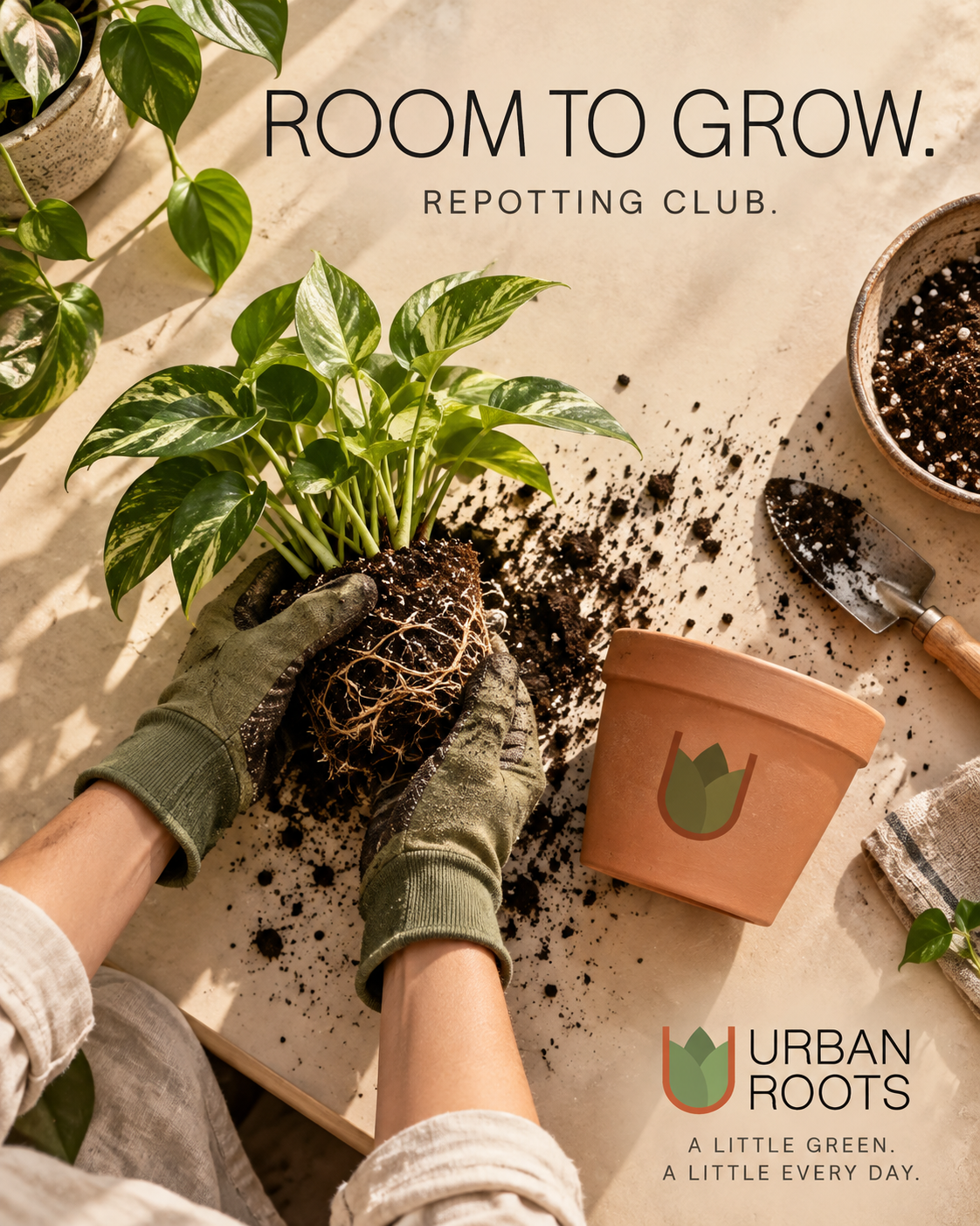 Room to Grow repotting club campaign with branded terracotta pot