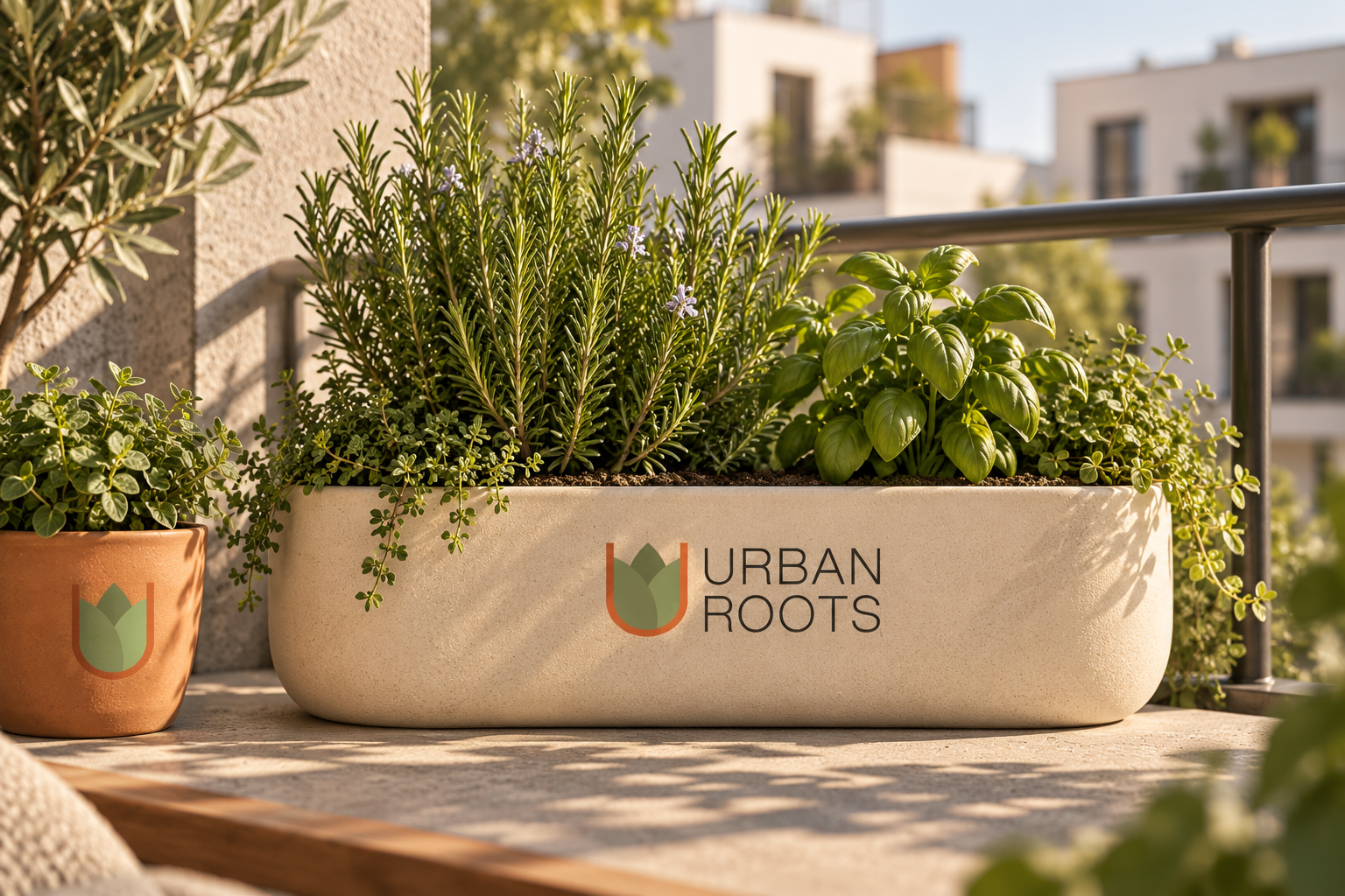 Urban Roots branded planters with herbs on a city balcony