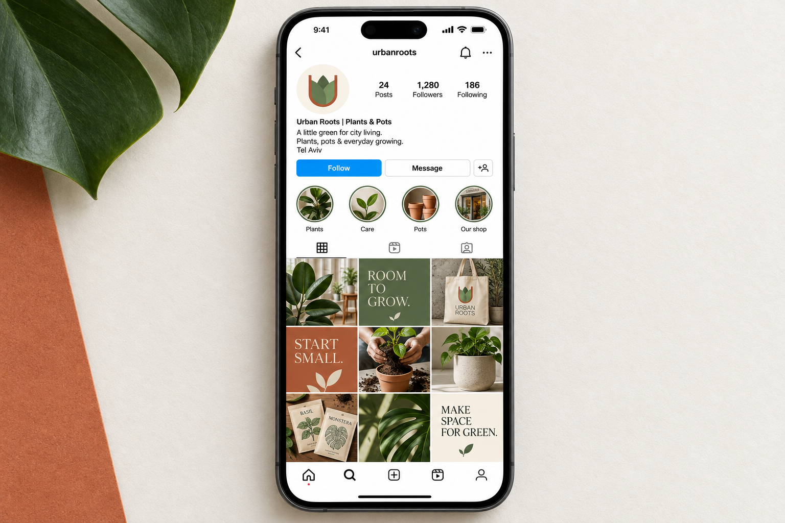 Urban Roots Instagram profile and feed mockup